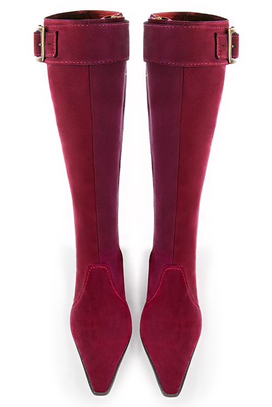 Burgundy red women's feminine knee-high boots. Tapered toe. Medium block heels. Made to measure. Top view - Florence KOOIJMAN